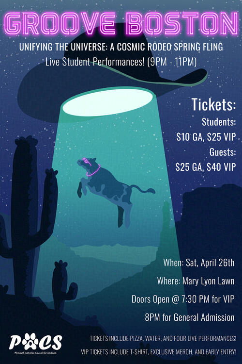 A music flyer for Groove Boston depicting a cow being abducted by aliens.